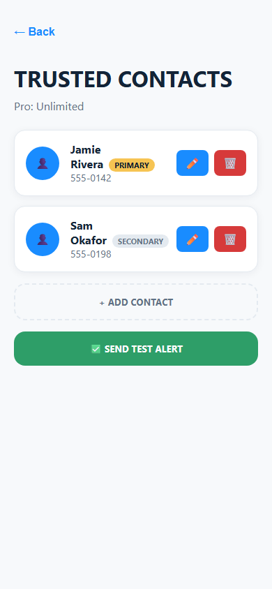 1SafeRE Trusted Contacts screen, light theme