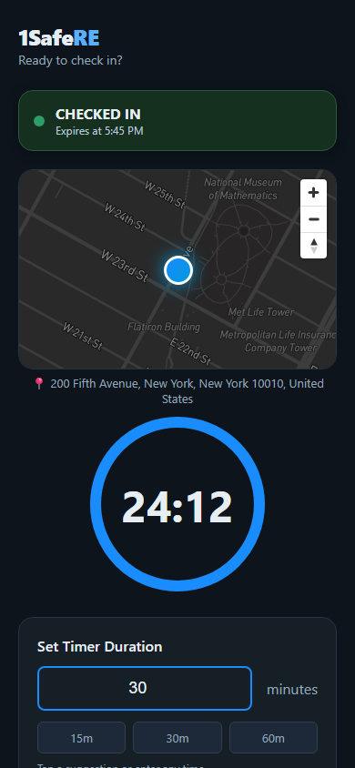 1SafeRE home screen during an active check-in, dark theme